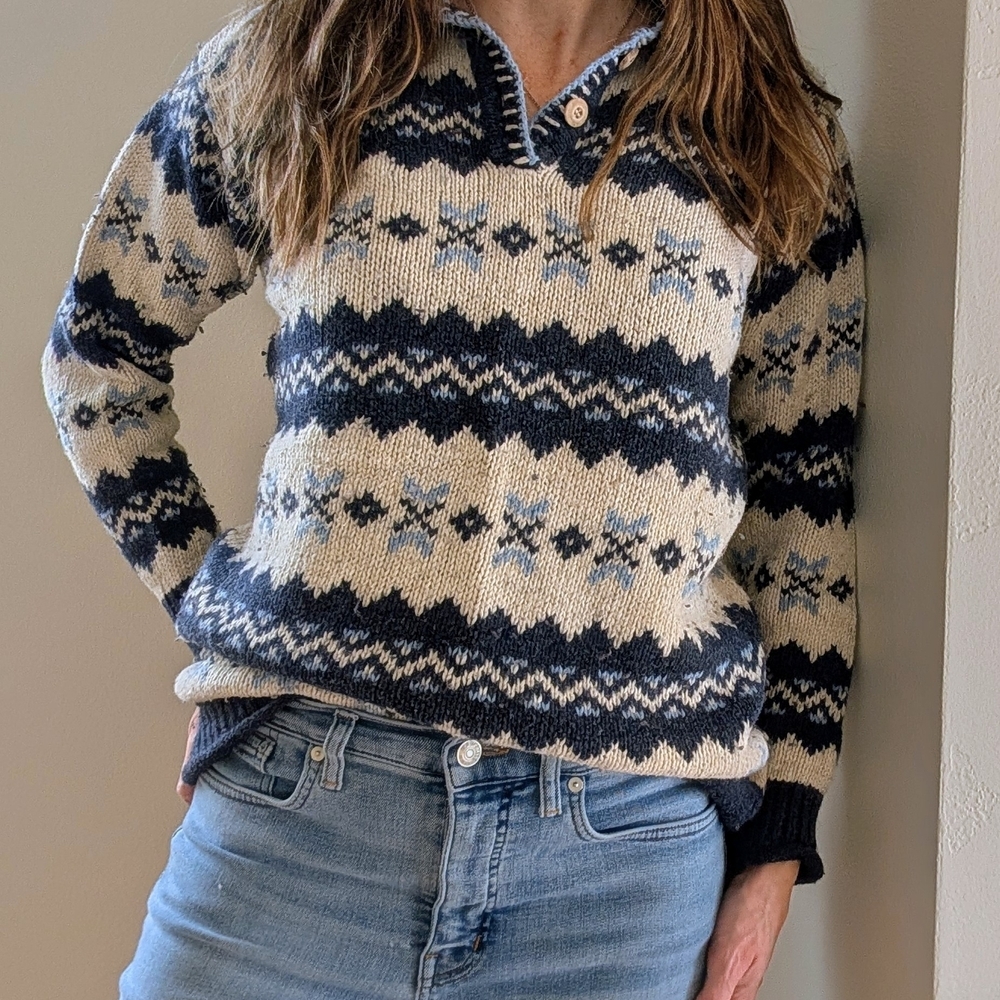 Vintage Fair Isle Abstract Chunky Collared Wool Blend Henley Sweater In Blue